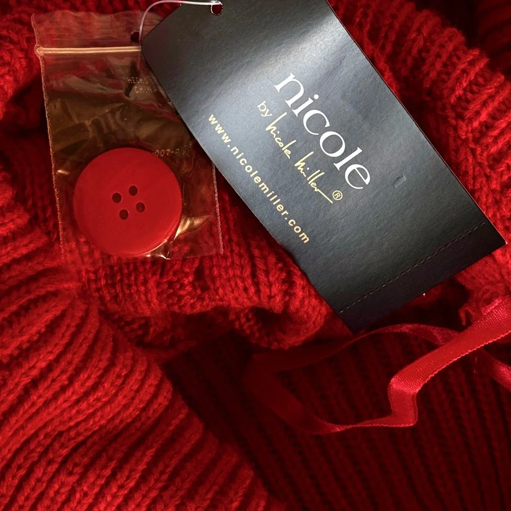 Nicole Miller Womens Red Cable‎ Knit Cowl Turtleneck Sweater L Oversized Hipster